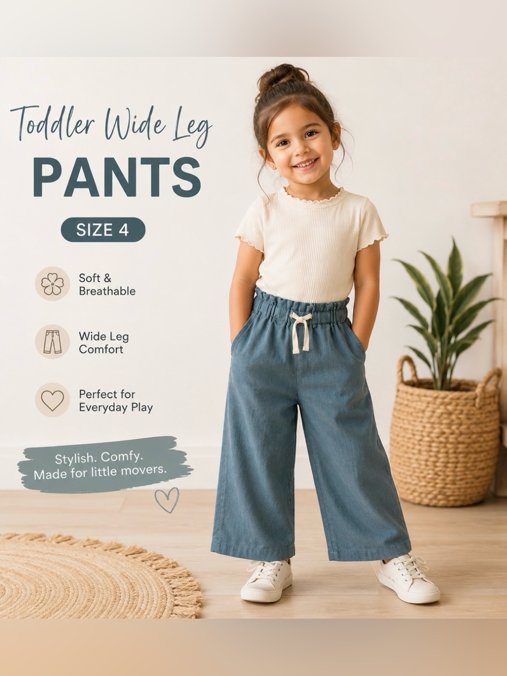Btween Toddler Girls Size 4 Blue Wide Leg Pull-On Pants NWT Style Casual Comfort